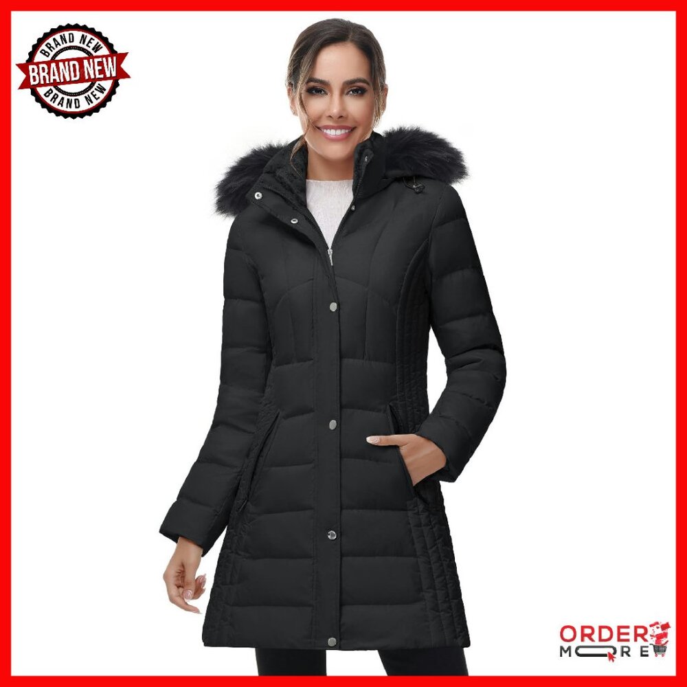 Women's Mid-Length Down Puffer Coat With Hood & Faux Fur Trim